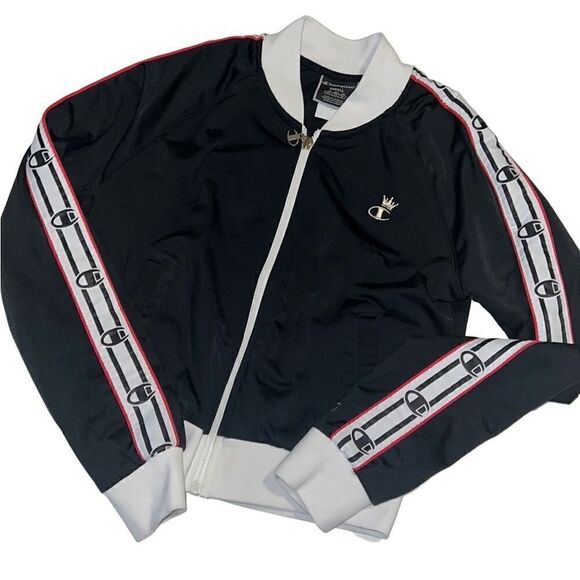 Champion Black Logo Embroidered Full Zip Crown Track Jacket Size Small - Picture 1 of 15